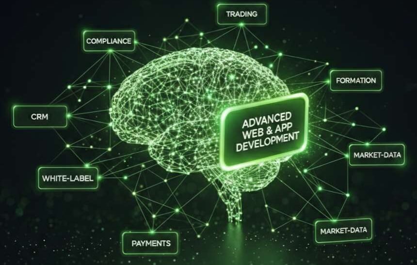 About Finzotech showcasing fintech and IT services including web development, mobile apps, trading platforms, CRM, KYC compliance, and cloud solutions