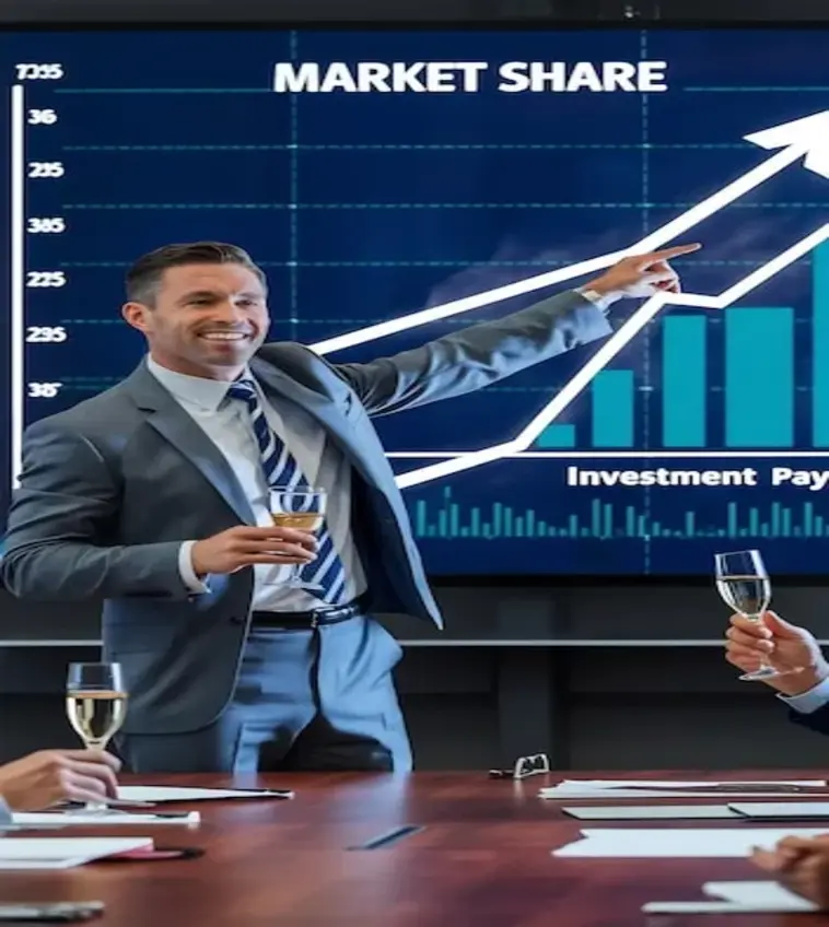 Businessman showing increase in market growth with rising graph and financial performance indicators in a corporate environment