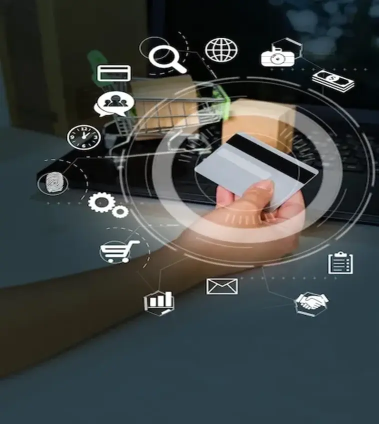 Digital composite image of eCommerce concept showing online shopping, digital transactions, and modern retail technology interface