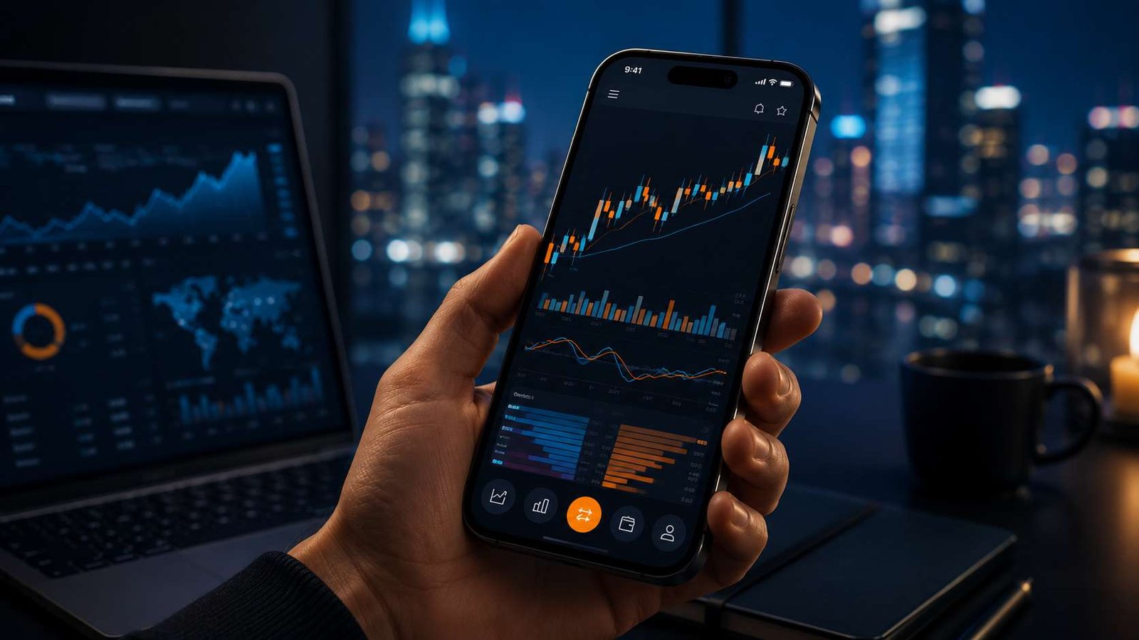 Mobile app development in orange and dark blue modern theme showcasing UI design, coding interface, and digital product creation